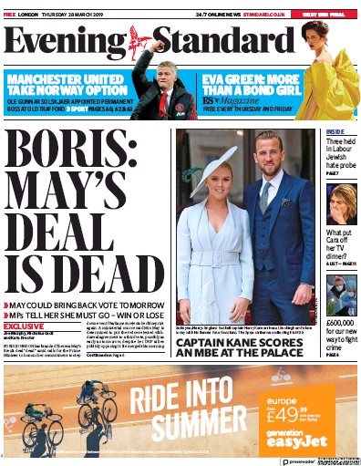 London Evening Standard Newspaper Front Page (UK) for 29 March 2019