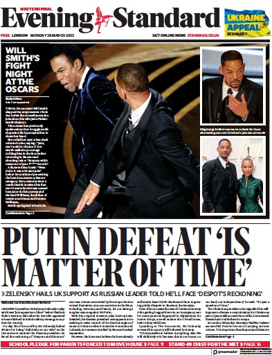 London Evening Standard Newspaper Front Page (UK) for 29 March 2022