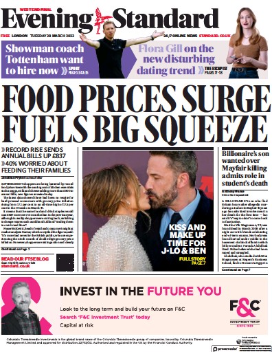 London Evening Standard Newspaper Front Page (UK) for 29 March 2023