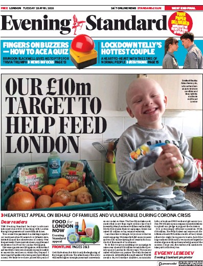 London Evening Standard Newspaper Front Page (UK) for 29 April 2020