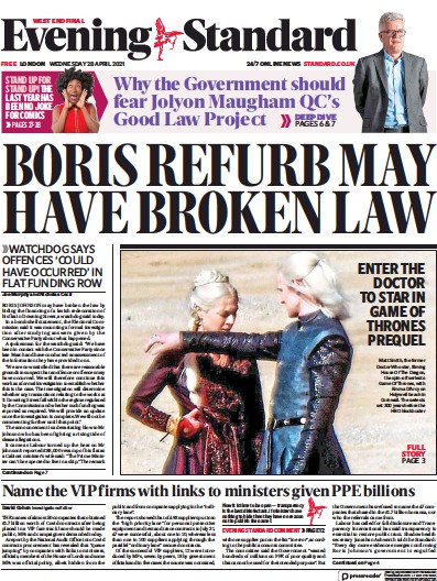 London Evening Standard Newspaper Front Page (UK) for 29 April 2021