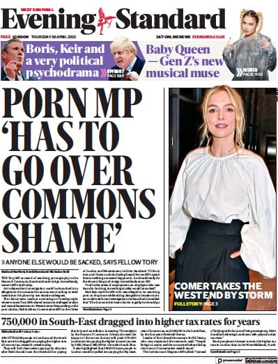 London Evening Standard Newspaper Front Page (UK) for 29 April 2022