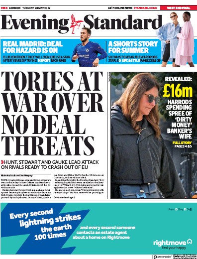London Evening Standard Newspaper Front Page (UK) for 29 May 2019