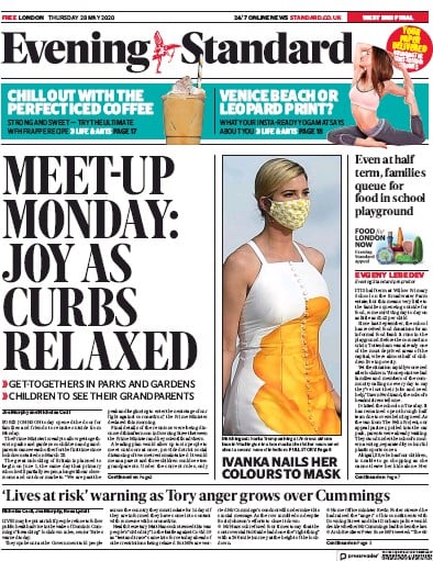 London Evening Standard Newspaper Front Page (UK) for 29 May 2020