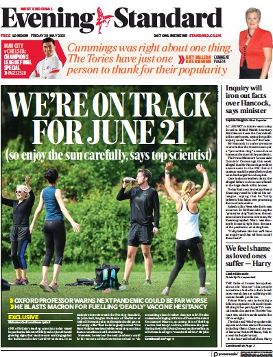 London Evening Standard Newspaper Front Page (UK) for 29 May 2021
