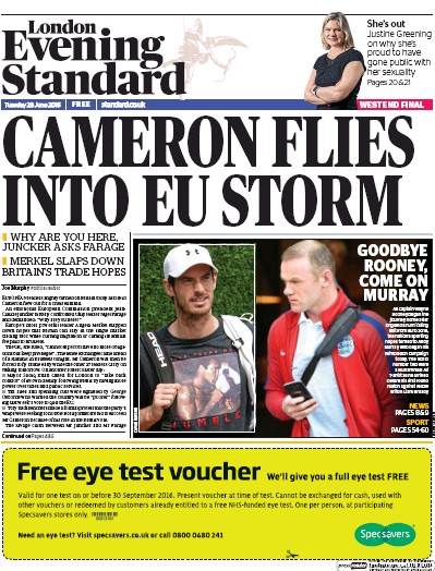 London Evening Standard Newspaper Front Page (UK) for 29 June 2016