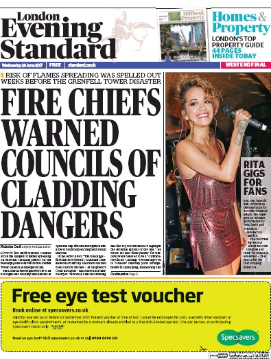 London Evening Standard Newspaper Front Page (UK) for 29 June 2017