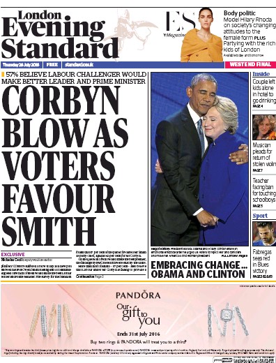 London Evening Standard Newspaper Front Page (UK) for 29 July 2016