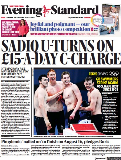 London Evening Standard Newspaper Front Page (UK) for 29 July 2021