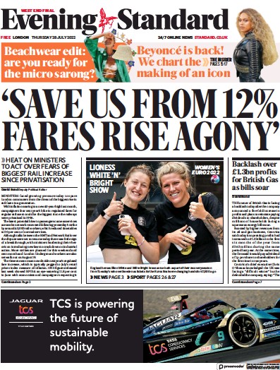 London Evening Standard Newspaper Front Page (UK) for 29 July 2022