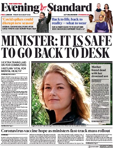 London Evening Standard Newspaper Front Page (UK) for 29 August 2020