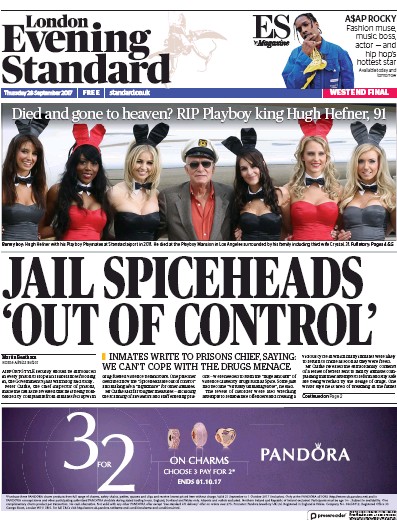 London Evening Standard Newspaper Front Page (UK) for 29 September 2017
