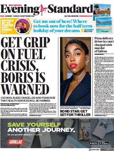 London Evening Standard Newspaper Front Page (UK) for 29 September 2021