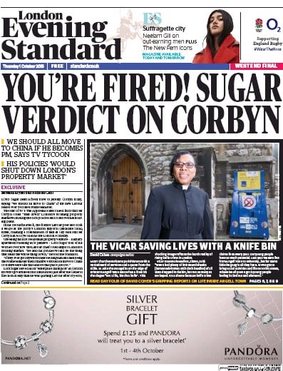 London Evening Standard Newspaper Front Page (UK) for 2 October 2015