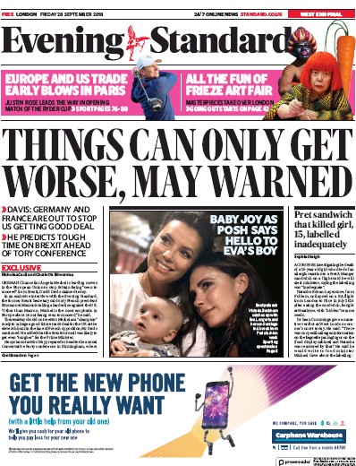 London Evening Standard Newspaper Front Page (UK) for 2 October 2018