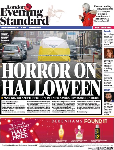 London Evening Standard Newspaper Front Page (UK) for 2 November 2016