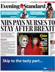London Evening Standard (UK) Newspaper Front Page for 2 November 2018