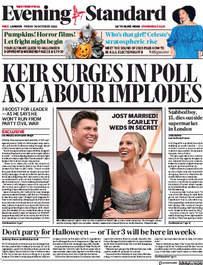 London Evening Standard Newspaper Front Page (UK) for 2 November 2020