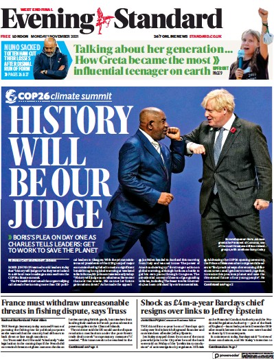 London Evening Standard Newspaper Front Page (UK) for 2 November 2021