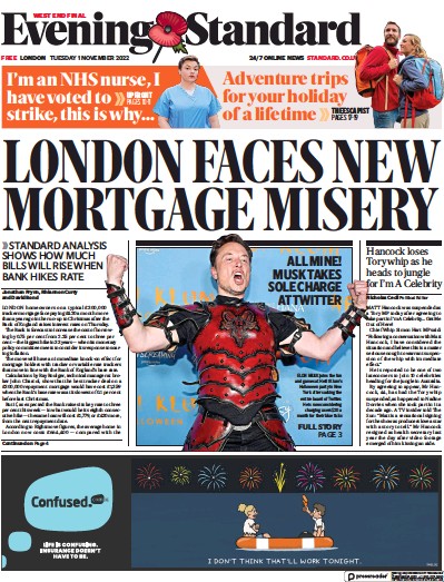 London Evening Standard Newspaper Front Page (UK) for 2 November 2022