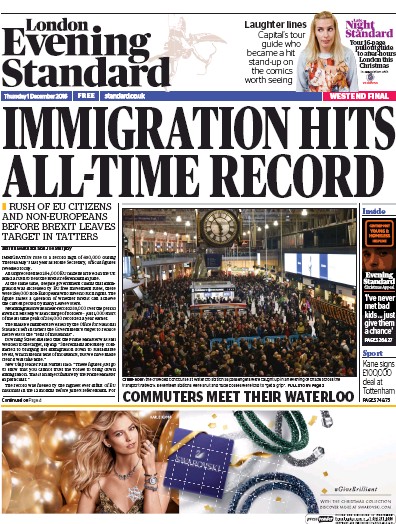 London Evening Standard Newspaper Front Page (UK) for 2 December 2016