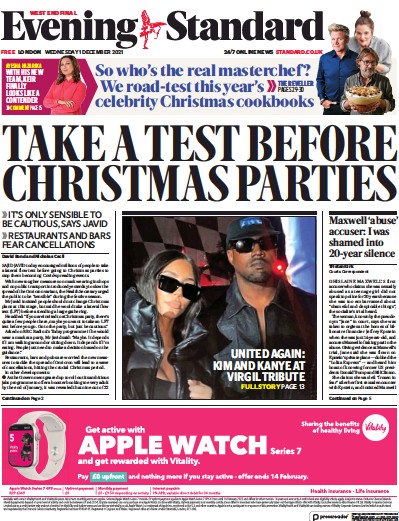 London Evening Standard Newspaper Front Page (UK) for 2 December 2021