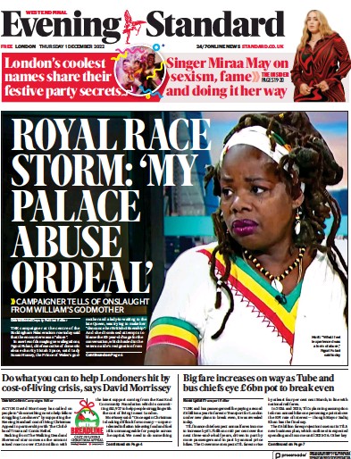 London Evening Standard Newspaper Front Page (UK) for 2 December 2022