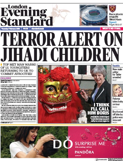 London Evening Standard Newspaper Front Page (UK) for 2 February 2018