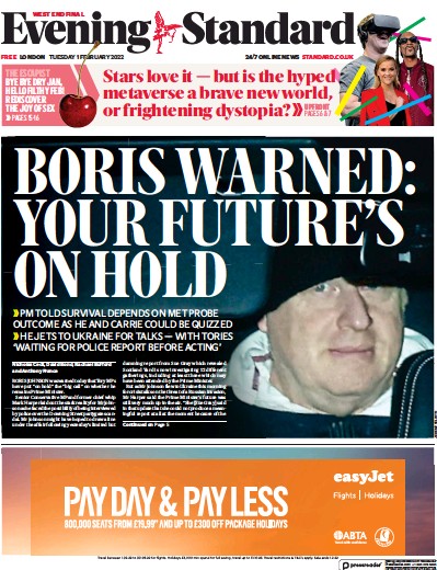 London Evening Standard Newspaper Front Page (UK) for 2 February 2022