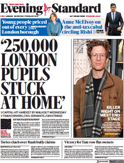 London Evening Standard Newspaper Front Page (UK) for 2 February 2023