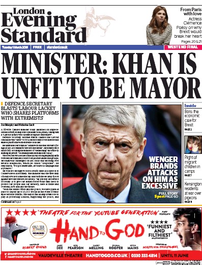 London Evening Standard Newspaper Front Page (UK) for 2 March 2016