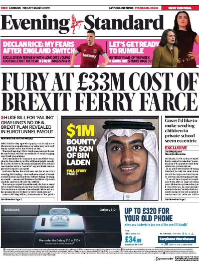 London Evening Standard Newspaper Front Page (UK) for 2 March 2019