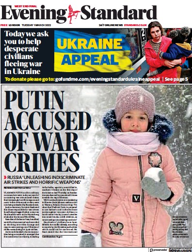 London Evening Standard Newspaper Front Page (UK) for 2 March 2022