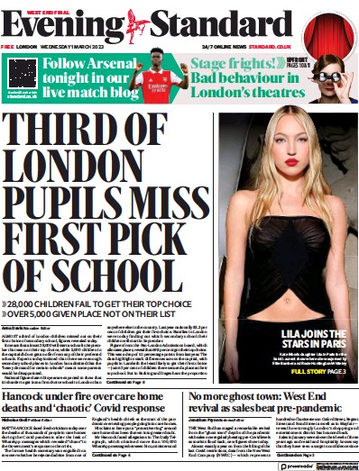 London Evening Standard Newspaper Front Page (UK) for 2 March 2023