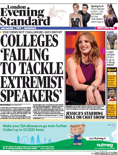 London Evening Standard Newspaper Front Page (UK) for 2 April 2016