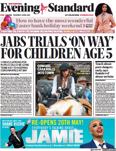 London Evening Standard Newspaper Front Page (UK) for 2 April 2021