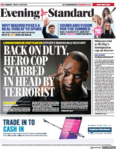 London Evening Standard Newspaper Front Page (UK) for 2 June 2018