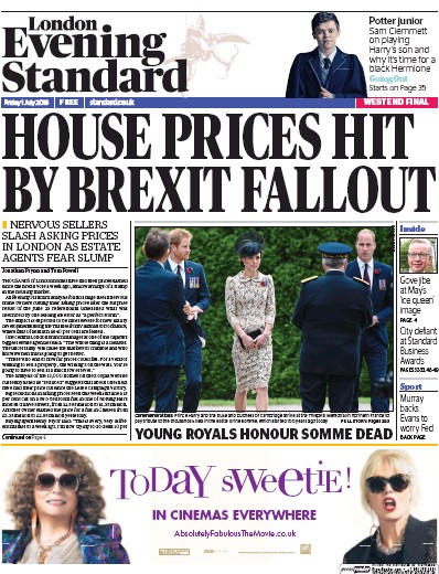 London Evening Standard Newspaper Front Page (UK) for 2 July 2016