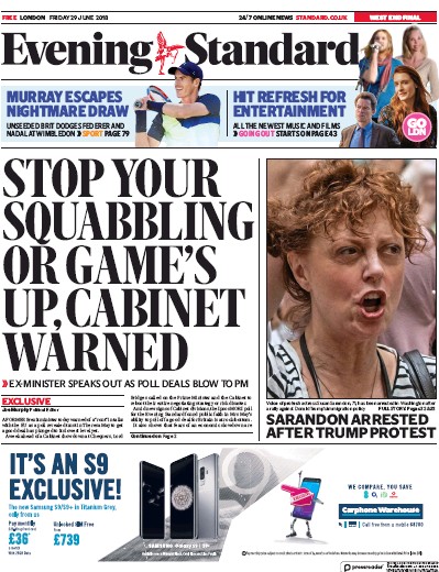 London Evening Standard Newspaper Front Page (UK) for 2 July 2018