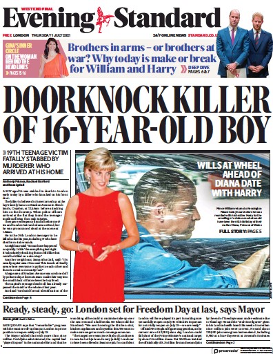 London Evening Standard Newspaper Front Page (UK) for 2 July 2021