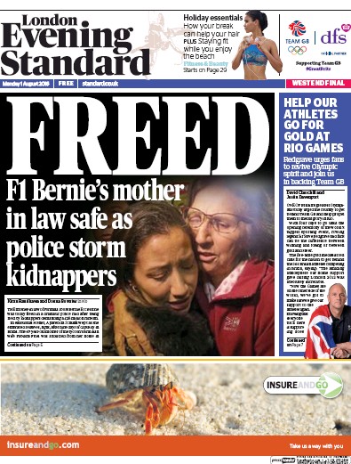 London Evening Standard Newspaper Front Page (UK) for 2 August 2016