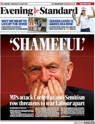 London Evening Standard Newspaper Front Page (UK) for 2 August 2018