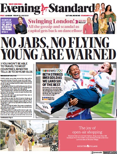 London Evening Standard Newspaper Front Page (UK) for 2 August 2021