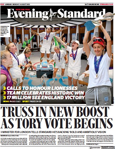 London Evening Standard Newspaper Front Page (UK) for 2 August 2022