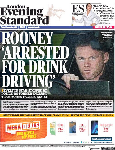 London Evening Standard Newspaper Front Page (UK) for 2 September 2017