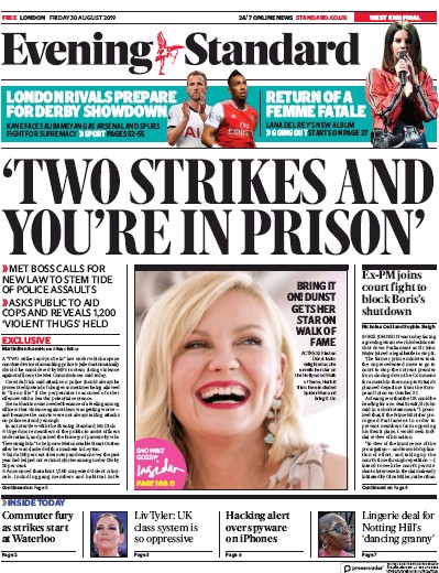 London Evening Standard Newspaper Front Page (UK) for 2 September 2019
