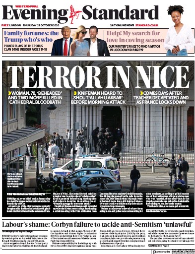 London Evening Standard Newspaper Front Page (UK) for 30 October 2020