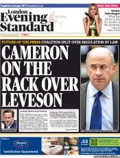 London Evening Standard Newspaper Front Page (UK) for 30 November 2012