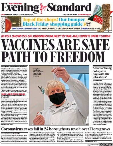 London Evening Standard Newspaper Front Page (UK) for 30 November 2020