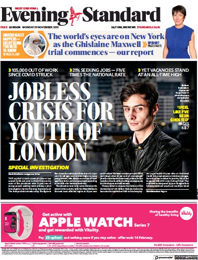 London Evening Standard Newspaper Front Page (UK) for 30 November 2021